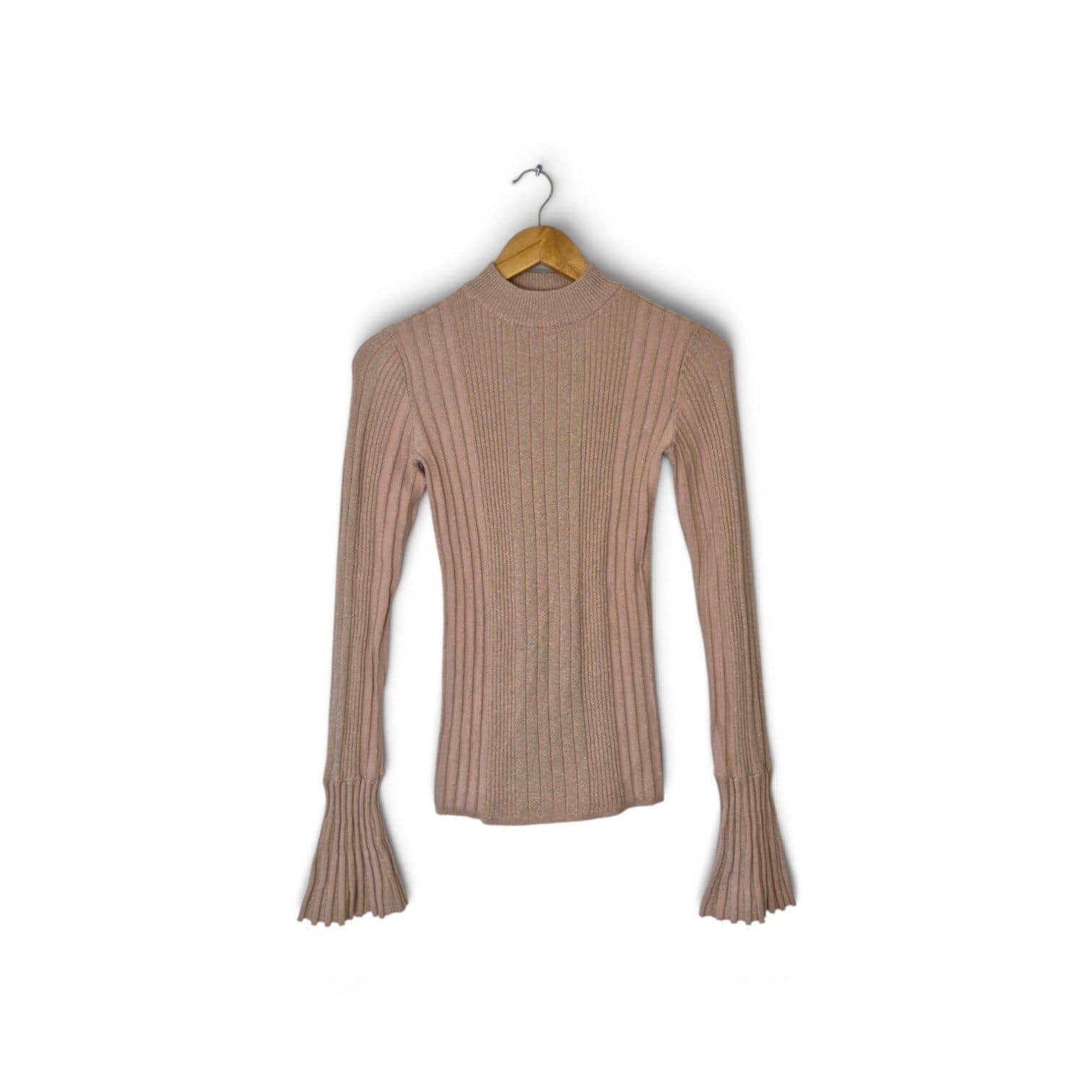 Jersey de Canalé con Cuello Perky y Mangas Acampanadas - Rosa Empolvado